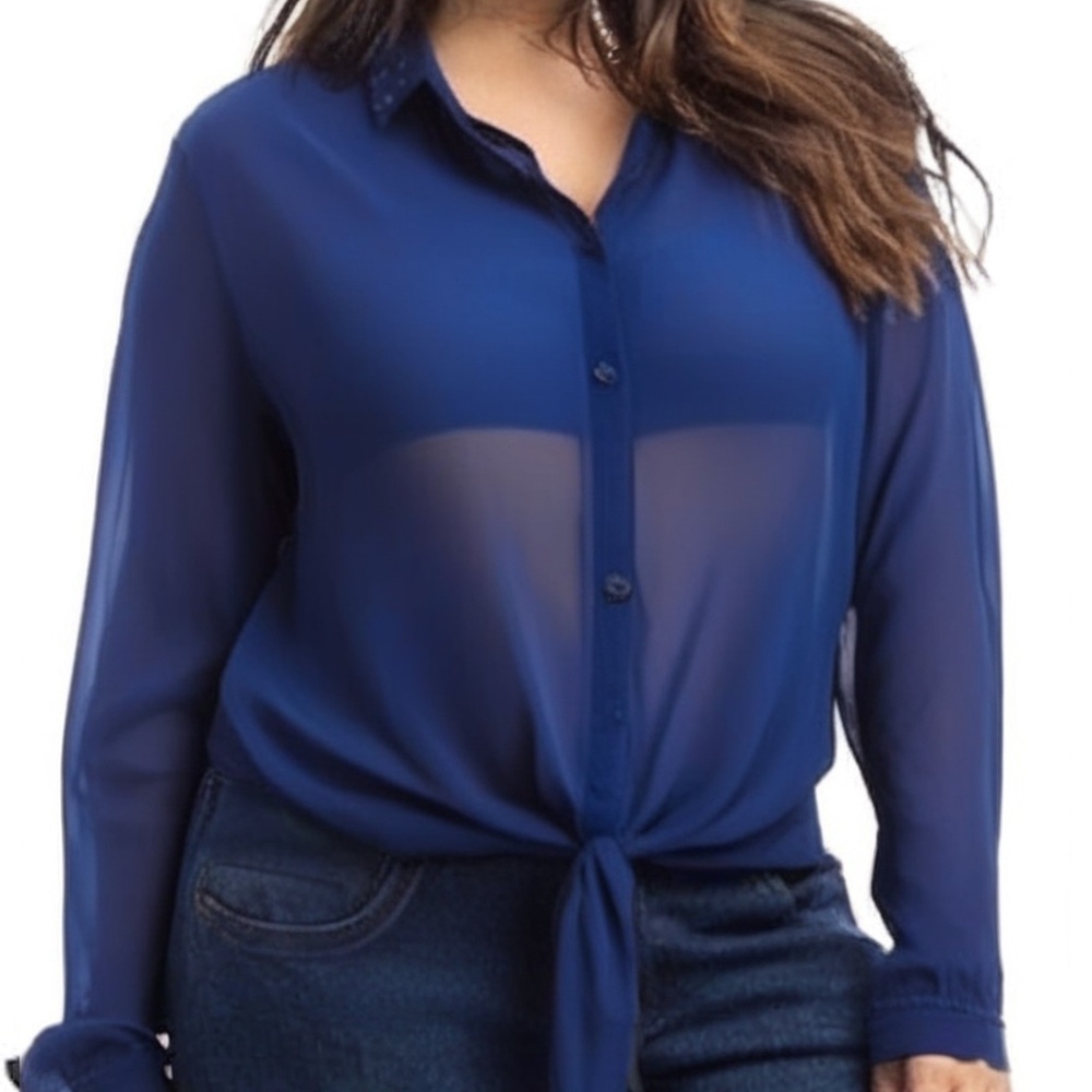 Plus Crystal Accent Semi Sheer Button Down Top